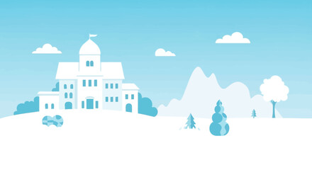 Stylized Winter Landscape with Architectural Building, Snow-Capped Mountains and Calm Peaceful Sky Depicting a Cold Season with Blue Hues and Clean