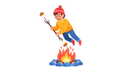 Fototapeta premium Joyful child roasting marshmallows over campfire under a clear sky in vibrant colors and stylized design conveys a carefree and lighthearted mood
