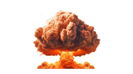 Terrifying mushroom cloud of fiery explosion evokes power and destruction with dramatic impact isolated on white or transparent png.