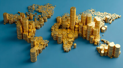 3D map of the world with stacks and piles of gold coins on a blue background, with a white outline on all elements, representing a global business concept