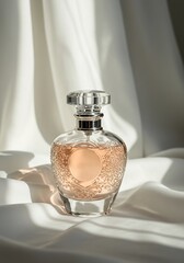 Elegant Ornate Perfume Bottle on Silk, Soft Light, Luxury Fragrance, Feminine,  Refined Aesthetic.