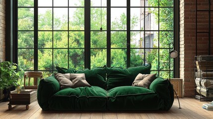 Fototapeta premium Modern Loft Living Room with Green Sofa