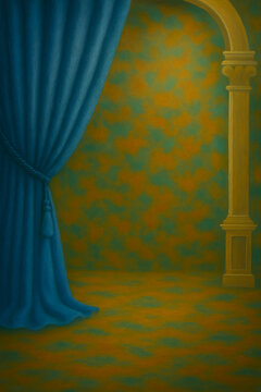 background studio blue curtain golden column pattern wall