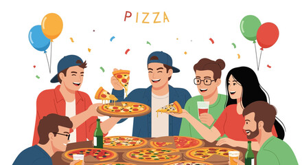 Festive Pizza Celebration: A Gathering of Friends Enjoying Delicious Food and Drinks at a Joyful Party with Balloons and Confetti