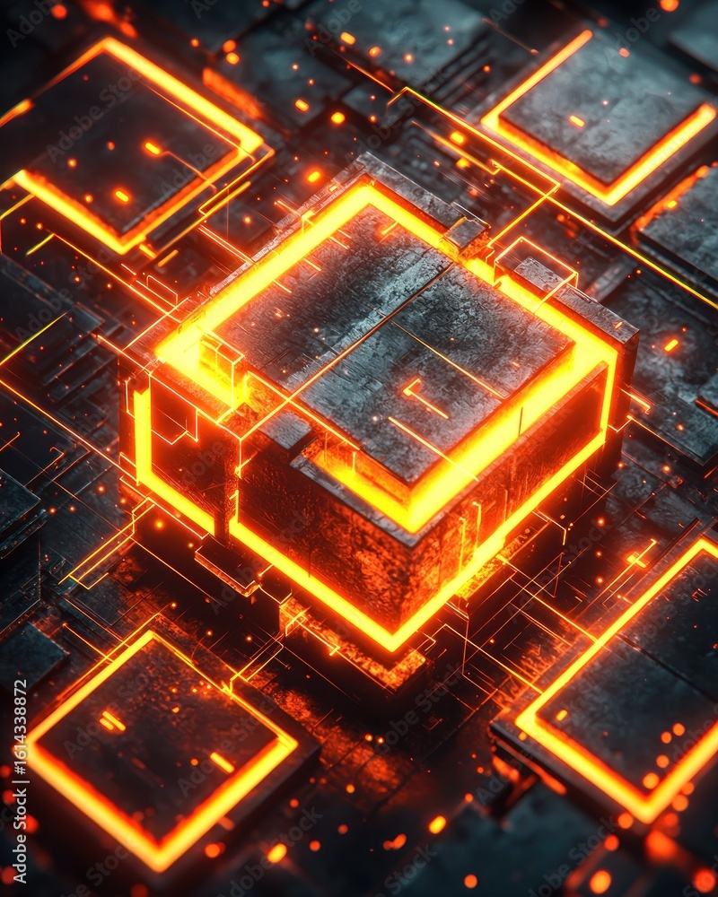 Poster abstract futuristic tech grid with glowing orange squares and dark background
