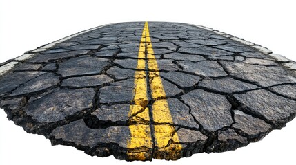 Circular road made from cracked stone featuring bright yellow lane markings creating a rugged appearancend  on white background