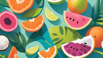 Tropical Fruits and Green Leaves Colorful Still Life Illustration