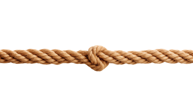 Strong nautical rope tied in a secure knot, a symbol of strength and connection for design projects isolated on white or transparent png.