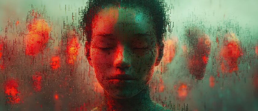 Abstract face fading into digitized red and green background - Powered by Adobe