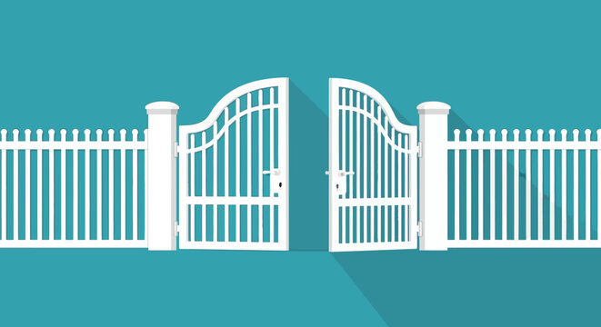 Serene Entrance: An Open White Gate and Fence Symbolizing Opportunity and Welcome amidst Tranquil Turquoise Backdrop