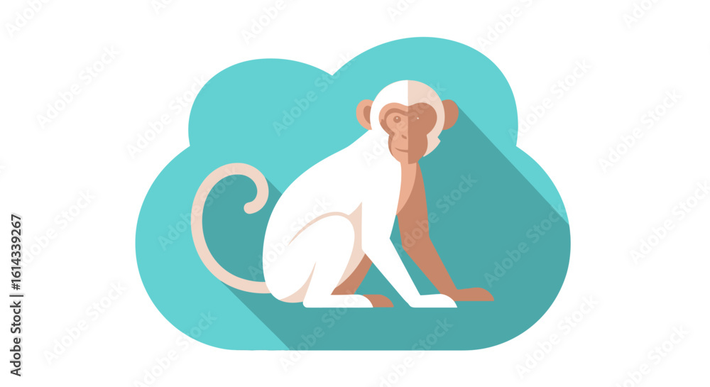 Poster stylized monkey illustration with cloud-shaped background and geometric design elements, rendered wi