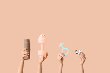 Female hands with water bottle, dumbbell, male sign and mouth piece on beige background. Prostate...
