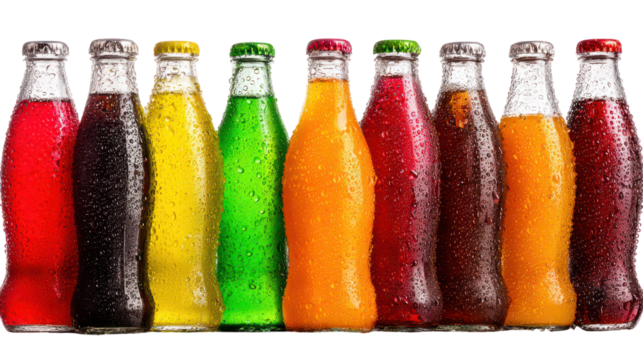 Assorted bottled cold drinks with water droplets arranged on white background