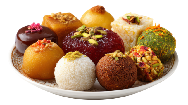 Assorted traditional Indian sweets including gulab jamun and laddoo on transparent background