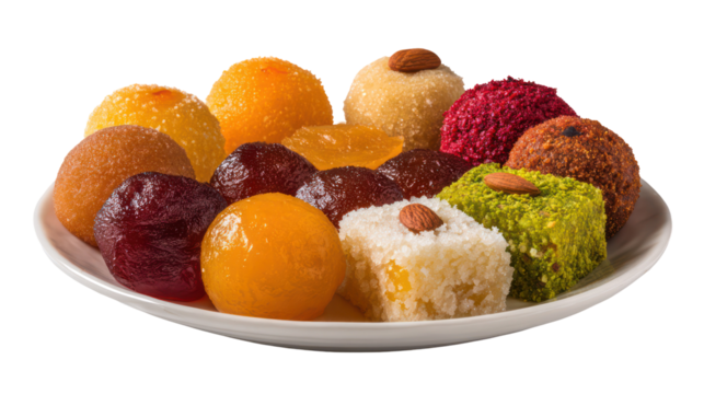 Assorted traditional Indian sweets including gulab jamun and laddoo on transparent background