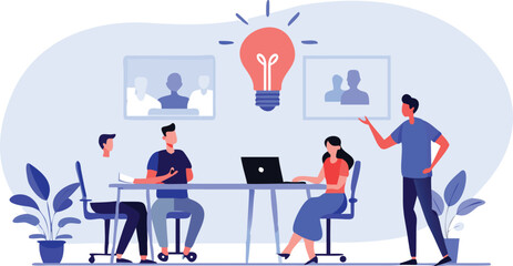 Illustration of a group of people in a meeting with a lightbulb representing a new idea and collaboration