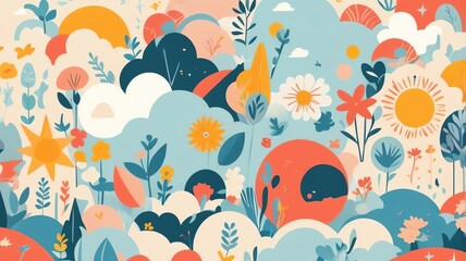 Colorful Flower Field Illustration with Sun and Clouds Pattern Design