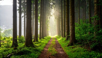 Forest path, sunlight
