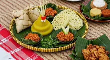 Indonesian Traditional Food Set on Plate, Nasi Tumpeng, Ketupat, Serundeng, Rempeyek