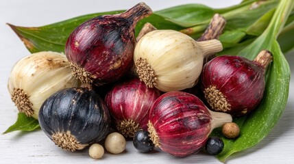 Assorted colored garlic bulbs with green leaves