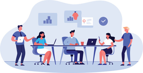 Illustration of a business meeting with five people around a table with laptops and charts on the wall