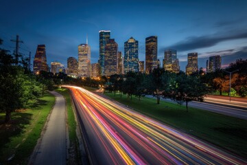 Houston Skyline Twilight: Cityscape at Dusk with Light Trails