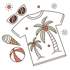 Summer vacation essentials including a t shirt with palm trees sunglasses ice cream and beach ball