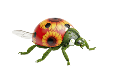 Close up of a ladybug with sunflower designs on its shell and moss covering its body on black background
