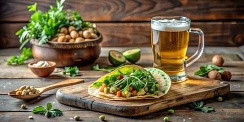 Rustic wooden table setting featuring a delicious vegetarian taco filled with fresh greens, legumes, and vegetables, accompanied by a refreshing glass of beer and a bowl of nuts
