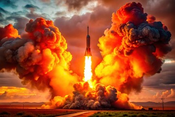 A Fiery Ascent  Rocket Launch at Sunset, Surrounded by Dramatic Smoke Plumes and an Expansive Landscape