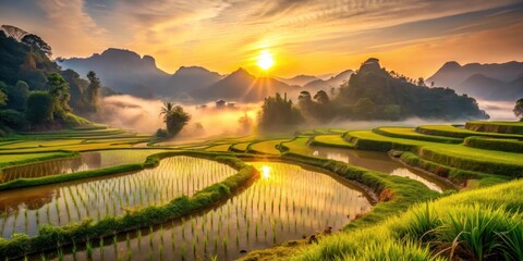 Golden Sunrise Illuminates Serene Rice Terraces in Misty Valley Landscape