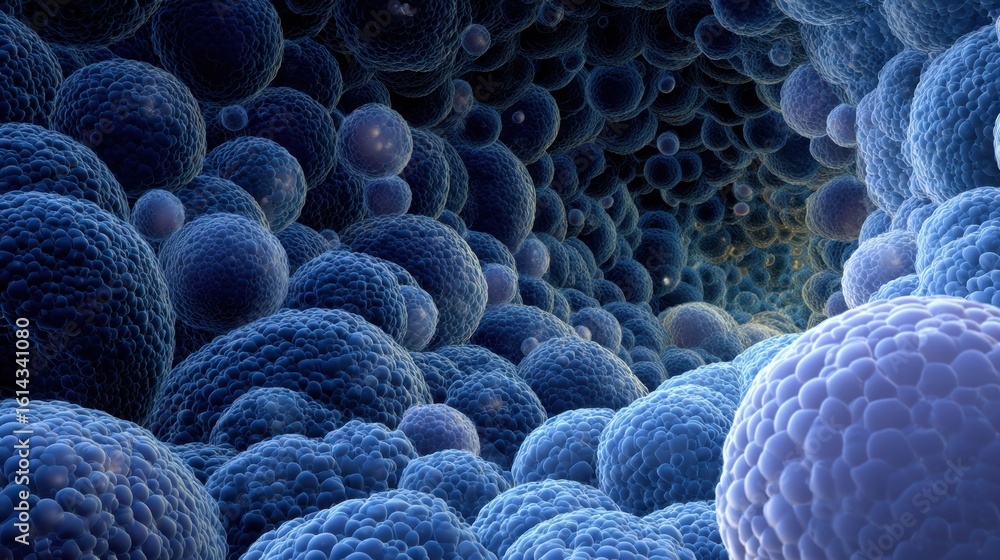 Poster dynamic 3d visualization of adipocyte bubbles swelling and crowding the abdominal cavity representin
