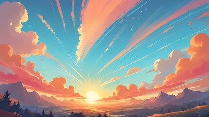 Vibrant Sunset Over Mountain Valley Painting with Beautiful Sky and Clouds