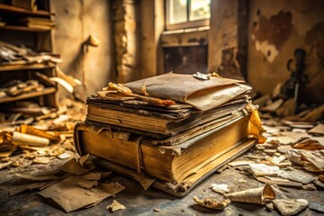 A Stack of Antiquated Books, Showing the Passage of Time in a Deserted, Dust-Covered Room