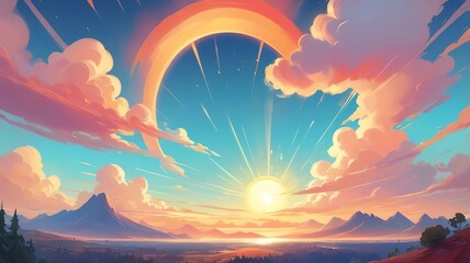 Sunrise Over Mountain Landscape with Clouds and Sun Rays Painting