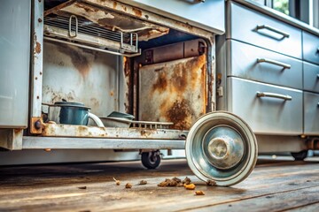 Abandoned Rusty Oven with Scattered Debris and a Metal Bowl on Wooden Floor