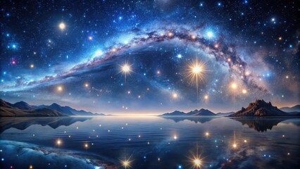 Serene Nightscape  Starry Galaxy Arcing Over Tranquil Waters and Mountain Peaks Reflecting Celestial Brilliance