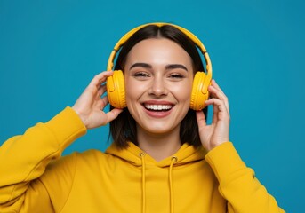 Joyful young woman wearing yellow headphones and hoodie
