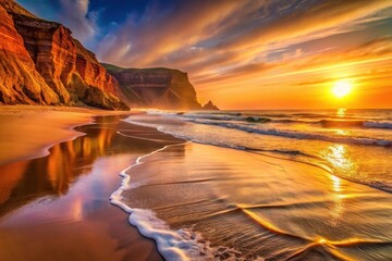 Golden Hour Serenity Ocean Waves Gently Kissing a Sandy Shore at Sunset, with Dramatic Cliffs Reflecting in the Water