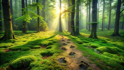 Sunlit Forest Path with Animal Tracks, Serene Morning Atmosphere, Lush Green Moss