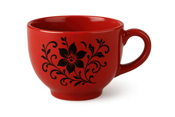 Elegant red ceramic tea cup featuring intricate black floral pattern, sitting on transparent backdrop with refined decorative aesthetic