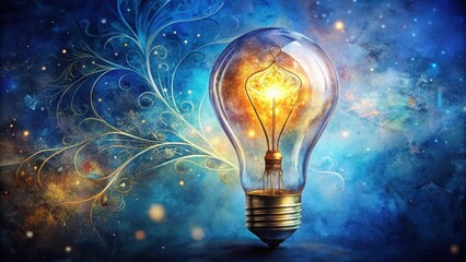 Illuminated Cosmos A Glowing Orb of Celestial Energy Within an Antique Light Bulb Against a Dreamlike, Swirling Galaxy Background