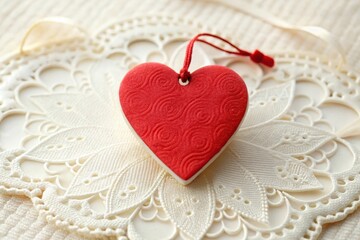 A crimson heart-shaped ornament with an intricate swirling pattern rests gently on an elegant off-white lace doily.