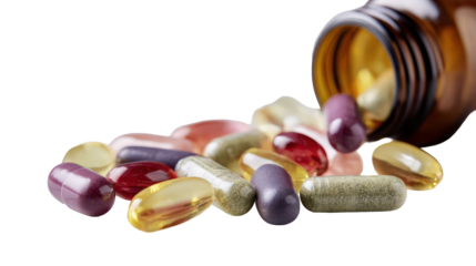  Capsules and softgels spilled from a fitness supplement bottle transparent background

