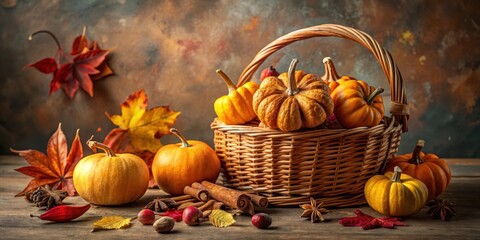 Autumn Harvest Abundance A Basket of Miniature Pumpkins and Fall Foliage on Rustic Wooden Surface