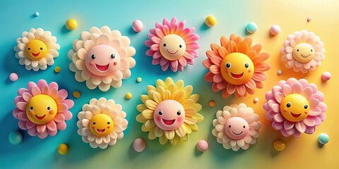 Joyful Bloom A Delightful Arrangement of Smiling Flower Characters on a Gradient Background