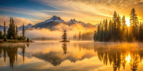 Fototapeta premium Golden Sunrise Over a Misty Mountain Lake, Reflecting Peaks and Silhouetted Trees on a Calm Water Surface