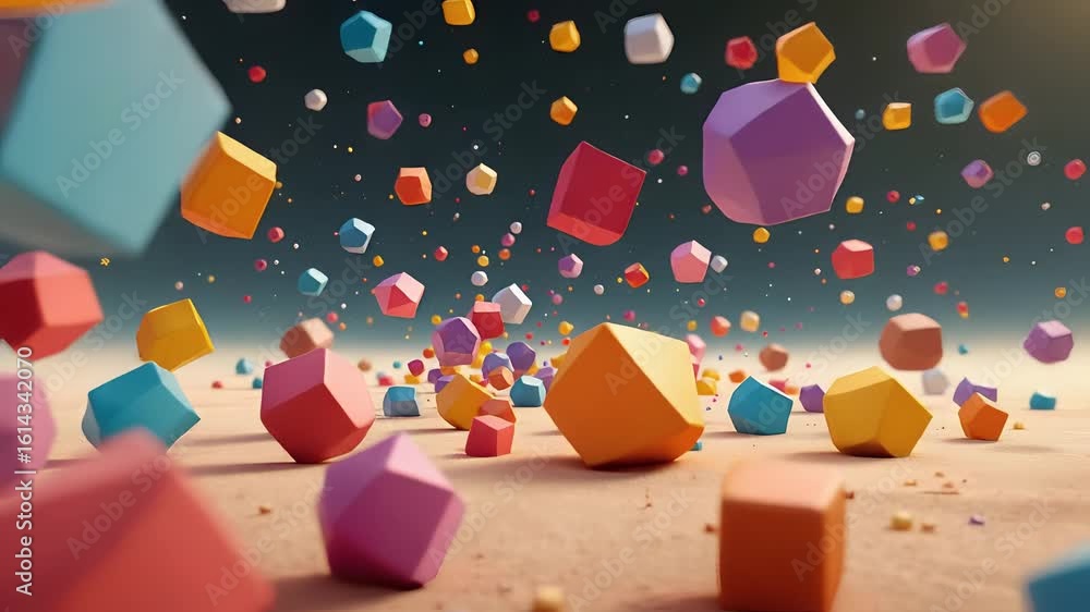 Poster colorful geometric shapes floating in dynamic motion against a soft background
