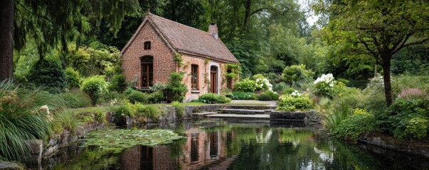 Brick Cottage by Serene Pond in Lush Garden