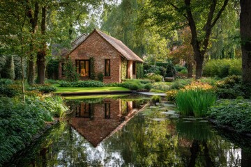Brick Cottage Reflecting in Serene Pond Amidst Lush Greenery